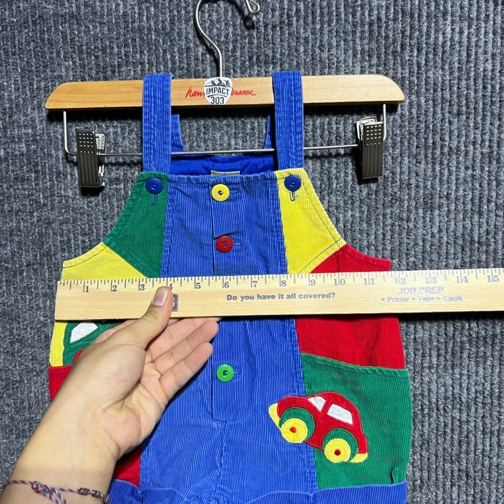 Vintage Unbranded Corduroy Overalls Kids 12M Blue Colorblock Car Retro Shortalls